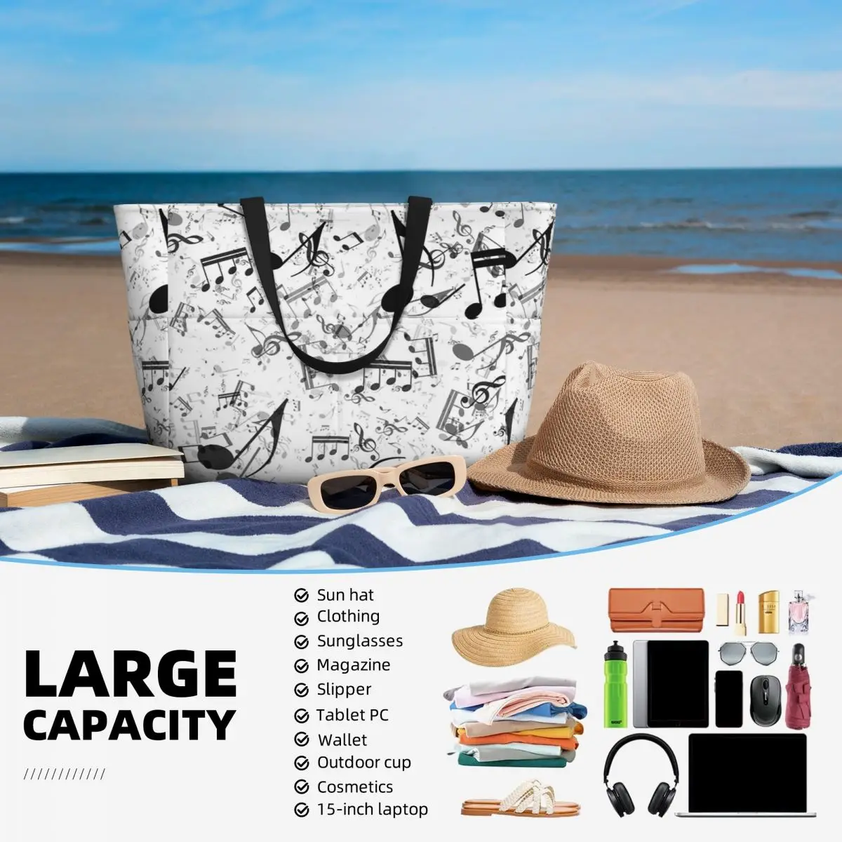 Bass Music Notes Beach Tote Ba - Yoga Fitness Music recension och pris